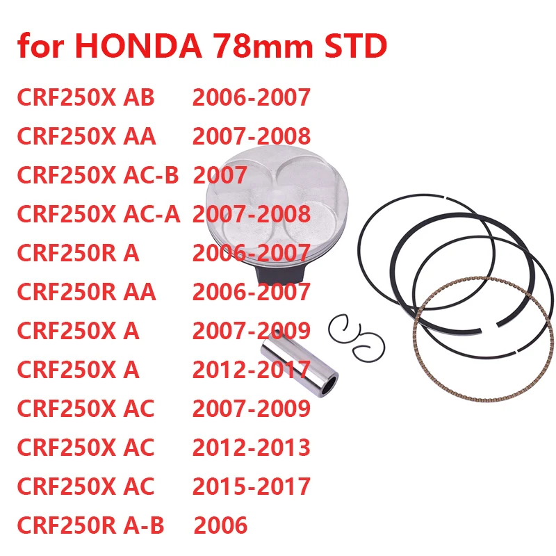 Kit de Anillos de Pistón para Motocicleta, Repuesto de Piezas de Motor, 78 mm, para HONDA CRF250X CRF250R CRF 250 250X 250R 13101-KRN-850 13101-KRN-850
