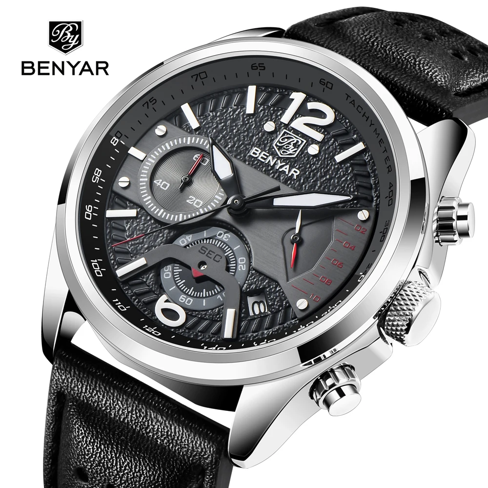 BENYAR 2023 New Mens Watches Quartz Chronograph Watch For Men Top Brand Luxury Sports Waterproof Leather Clock Relogio Masculino