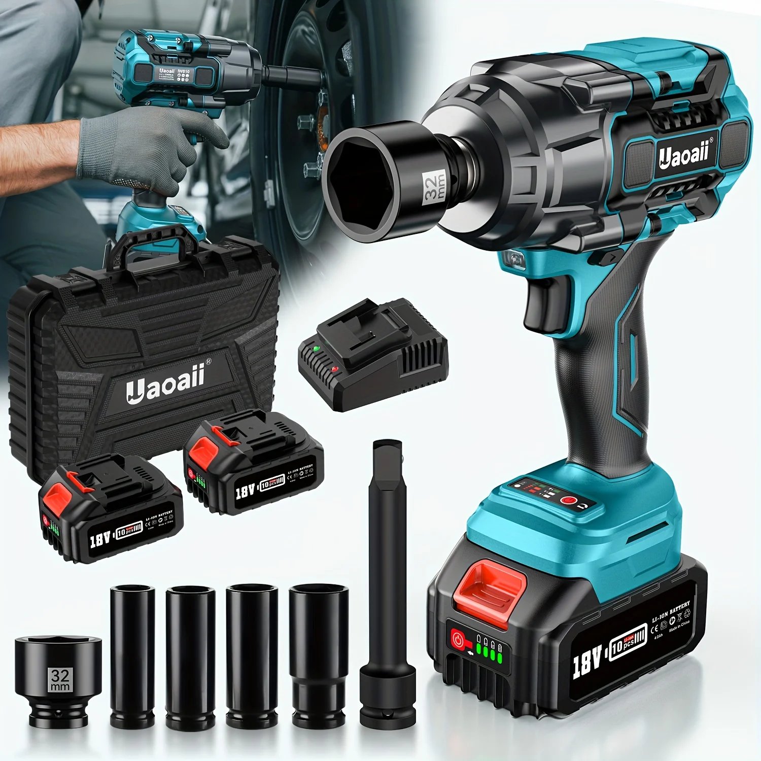 مفتاح ربط لاسلكي 1300 نانومتر، مفتاح ربط تأثير محرك بدون فرشاة مع بطاريتين 5000 مللي أمبير في الساعة، يأتي مع خمسة مقابس مفتاح ربط