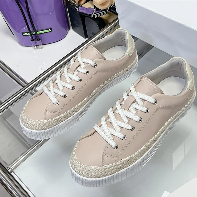 

2024 New Cowhide Thick Soled Rope Women's Shoes Platform Real Leather Casual Shoes Sneakers White