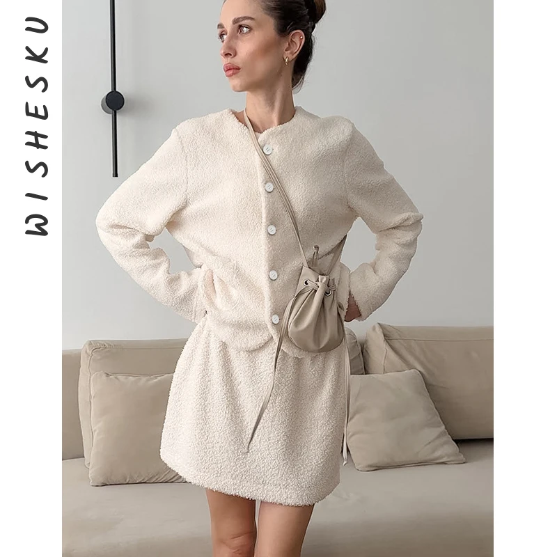 

Комплект из двух предметов, женская вязаная теплая юбка, винтажная однобортная куртка с длинными рукавами + тонкие мини-юбки с высокой талией, осень 2023 г.