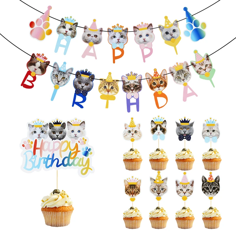 Cartoon Amimal Bunting Cat Dog Cake Topper Paper Garland Flag Kids Birthday Party Decoration Supplies Hanging Banner Pull Flower