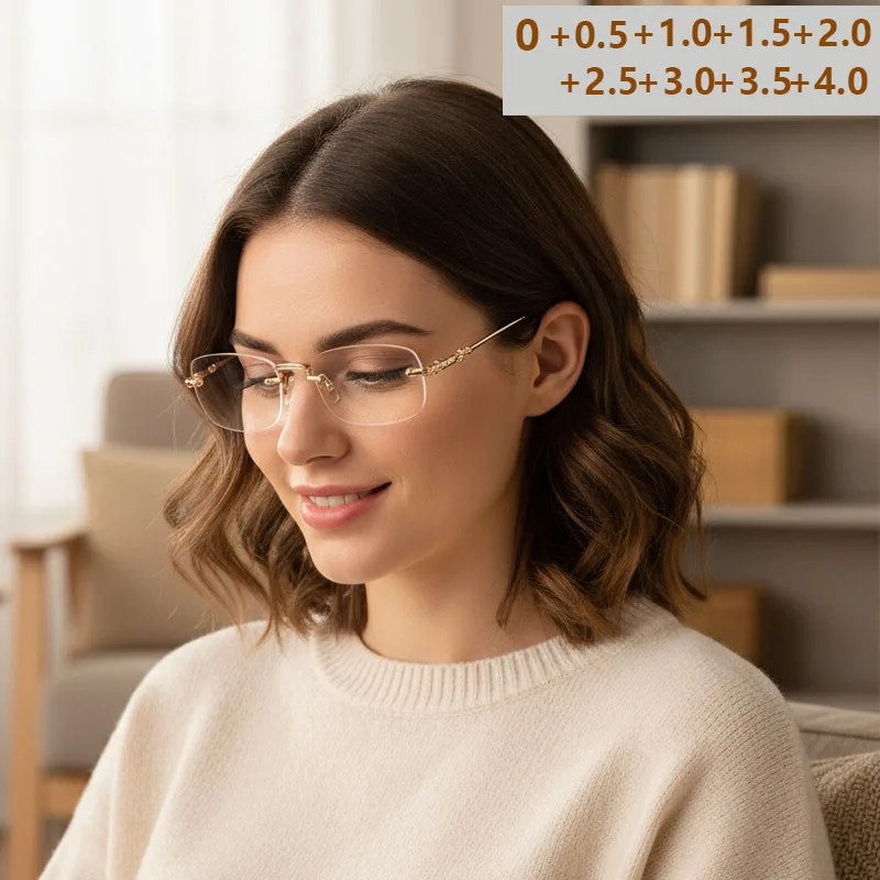 Rahmenlose Brille aus Golddraht – quadratischer Retro-Rahmen ohne Rand – Anti-Blaulicht-Lesebrille 20101
