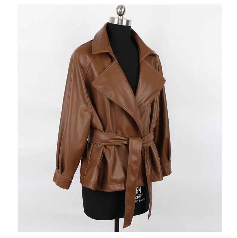 Mauroicardi Spring Short Fitted Brown Soft Lightweight Pu Leather Jacket Women Raglan Sleeve Sashes Black Fall Clothes 2025
