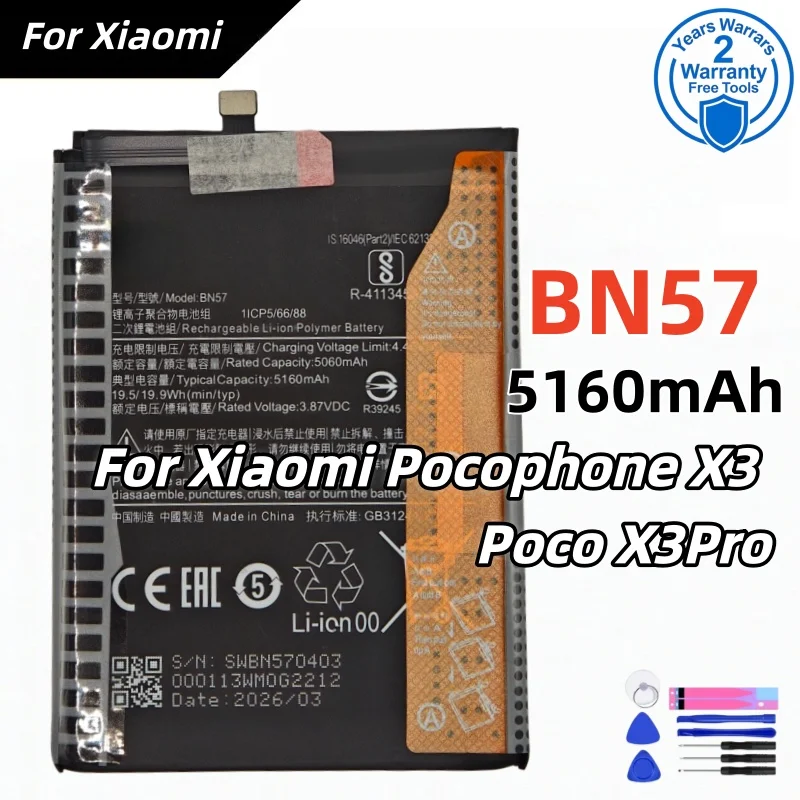 2026 Years 100% New High quality BN57 5060mAh Phone Battery For Xiaomi Pocophone X3 Poco X3 Pro Replacement Batteries+Free Tools
