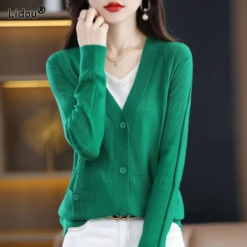 V-Neck Multiple Colour Casual Cardigan Spring Summer Single Breasted Thin Women's Clothing Knitting Outer Loose Straight Sweater