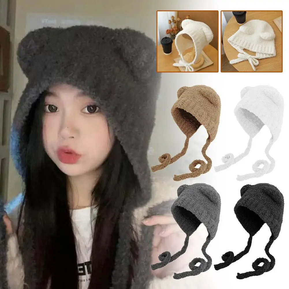 Winter Plush Beanies Cute Bear Ear Wool Hat Warm Lace-up Knitted Cap Bomber Women Knitting Korea Gorros Ear Bonn Y3a7