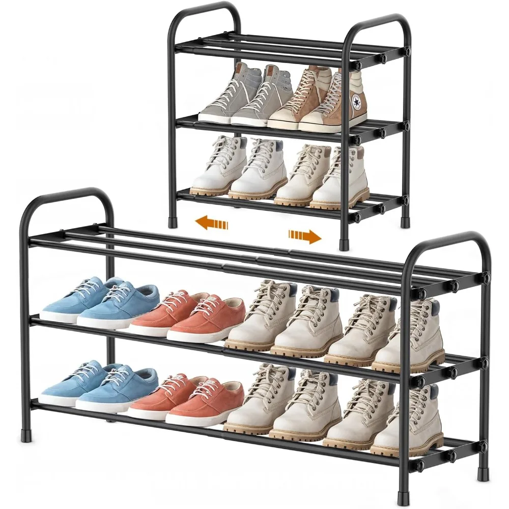 

3-Tier Expandable Shoe Rack, Stackable and Adjustable Shoes Organizer Storage Shelf, Sturdy and Durable Metal Structure