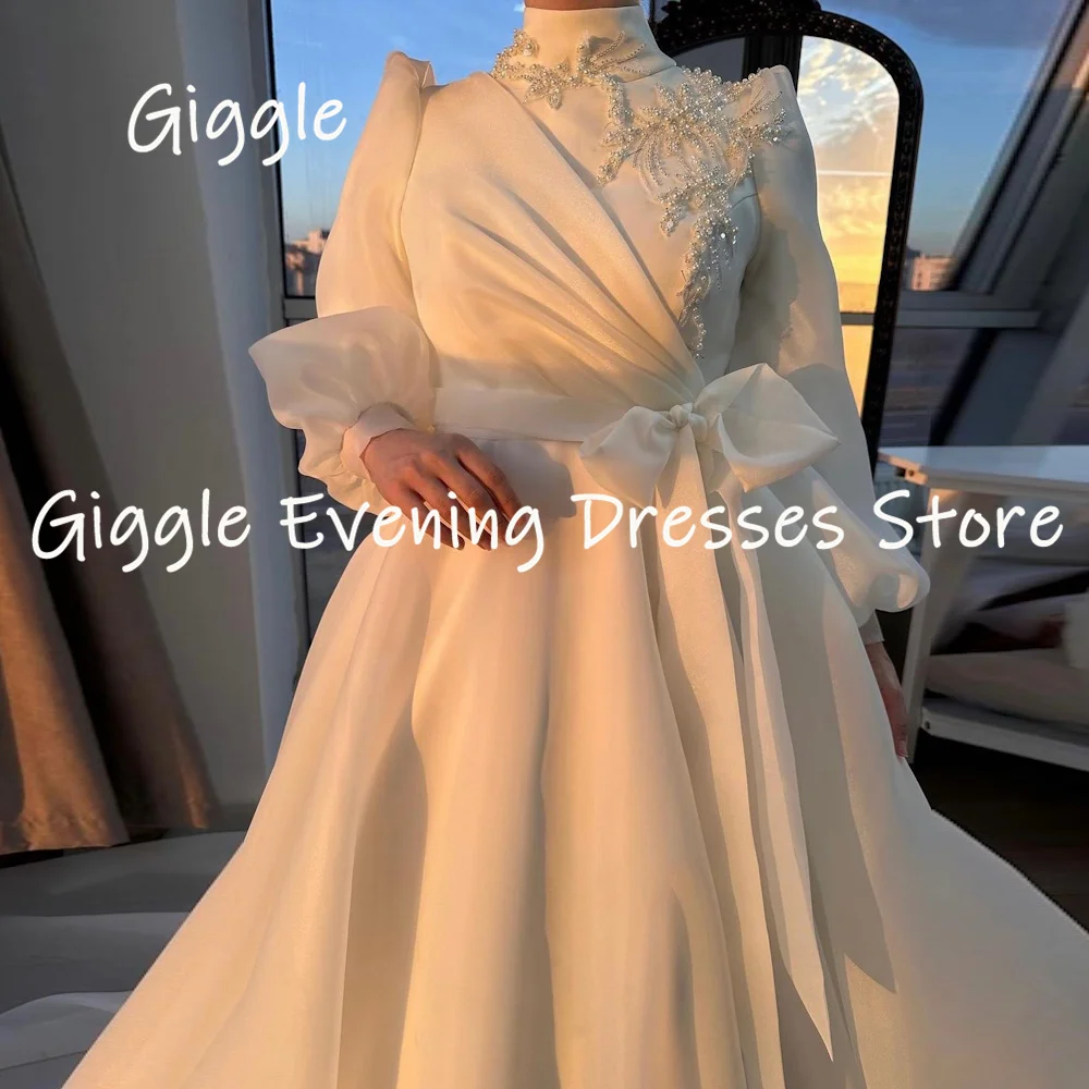 Giggle Sequins Beaded  Long Sleeves High Neckline Luxury Wedding Dresses for Women 2023  Bow Zipper Up A-line  vestidos de novia