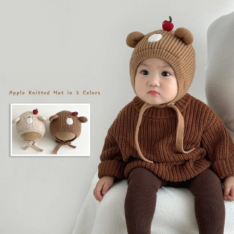 

2025 детская зимняя шапка, термобелье на флисовой подкладке с защитой ушей, вязаная шапка с милым животным дизайном для реквизита для детской фотографии