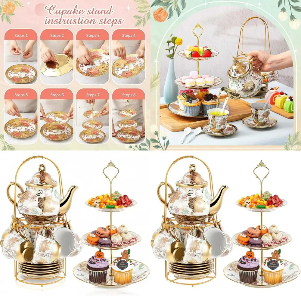 

Европейский цветочный набор для чаепития для взрослых с 3-уровневой керамической подставкой, металлическим держателем, фарфоровыми чашками, чайником для десерта и кексов -