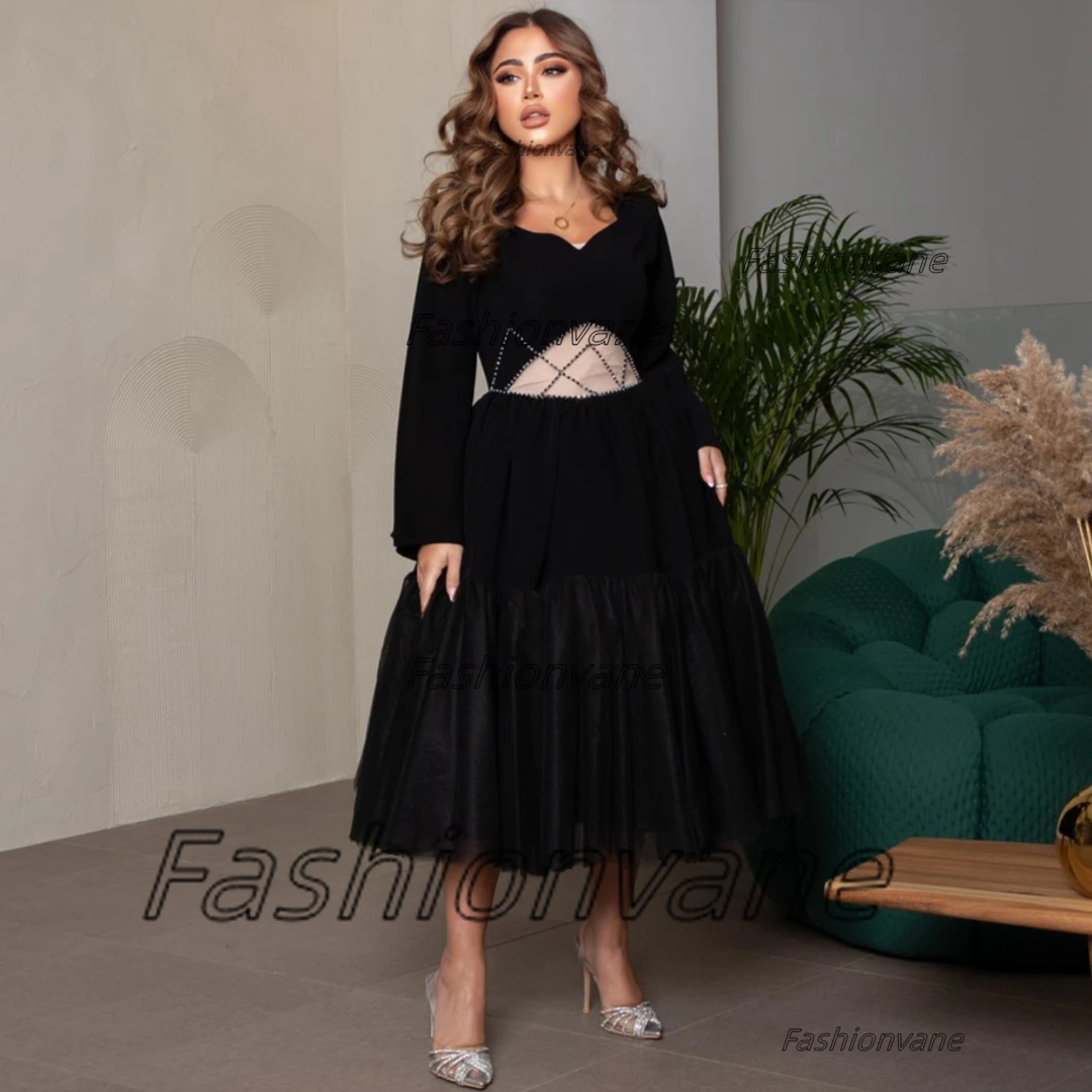 

Fashionvane 2024 Prom Dresses Black Hollow Long Sleeves Homecoming Party Saudi Arabia A Line Evening Formal Evening Dress