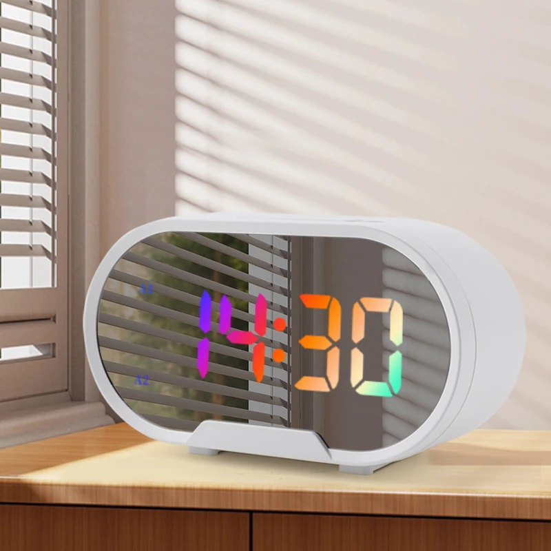 

Desktop RGB LED Digital Alarm Clock With Snooze Large Screen Display Mirror Surface Dual USB Charger Ports Adjustable Brightness