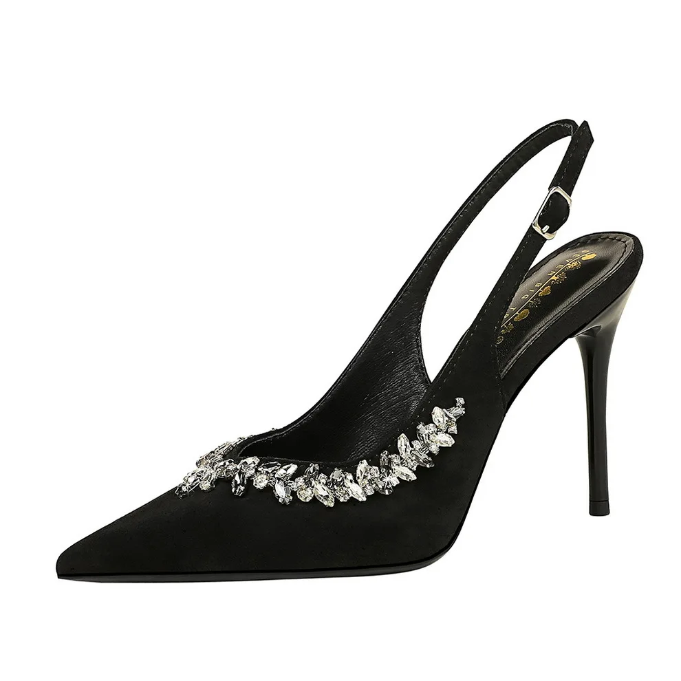 

Ladies' high heels elegant casual shoes banquet slim heel pointed rhinestone shallow mouth suede back strap single shoe