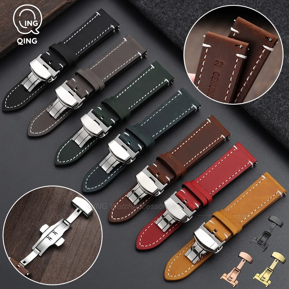 18mm 19mm 20mm 21mm 22mm 24mm Quick Release Calfskin Leather Watch Band Butterfly Clasp Replacment Strap Universal Soft Bracelet