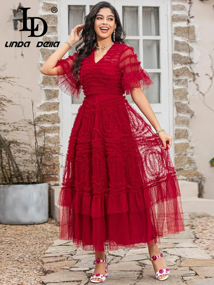 LD LINDA DELLA Summer Runway Fashion Red Mesh Dress Women Short sleeve Dot Splicing Vintage Party Long Dress Vestidos