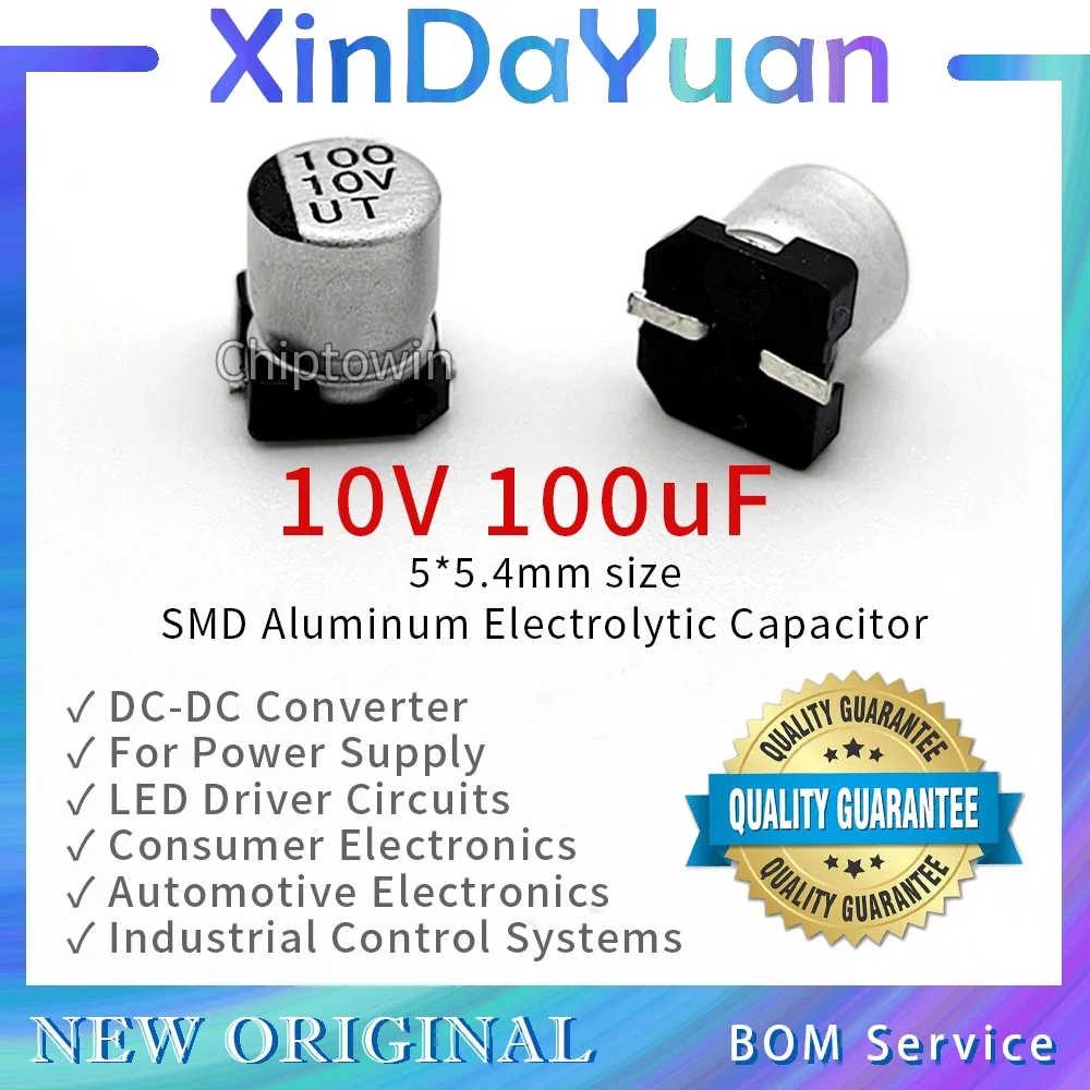 50 قطعة 10 فولت 100 فائق التوهج 5 × 5.4 مللي متر SMD الألومنيوم مُكثَّف كهربائيًا منخفضة ESR