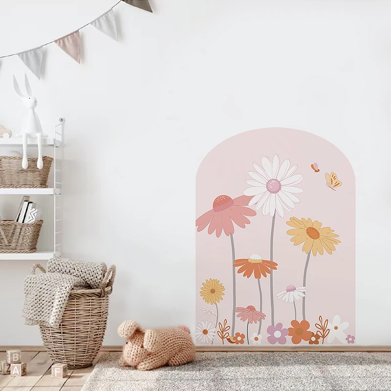 Pink Watercolor Arch Shape Daisy Wall Sticker Vinyl Waterproof Self-adhesive Flowers Wall Decal for Kids room Nursery Home Decor