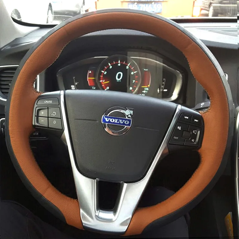 For Volvo XC60 XC90 S40 S80 V60 S60 Hand Sewn Needle Thread Car Steering Wheel Cover Car Protect Accessories Genuine Leather