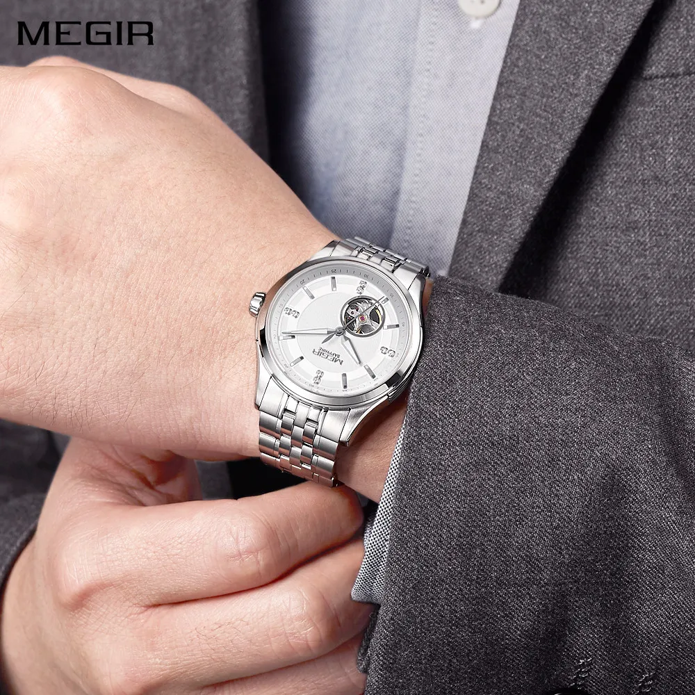 

MEGIR Top Brand Luxury Business Watch Men Stainless Steel Waterproof Automatic Mechanical WristWatch Clock Big Dial Montre Homme