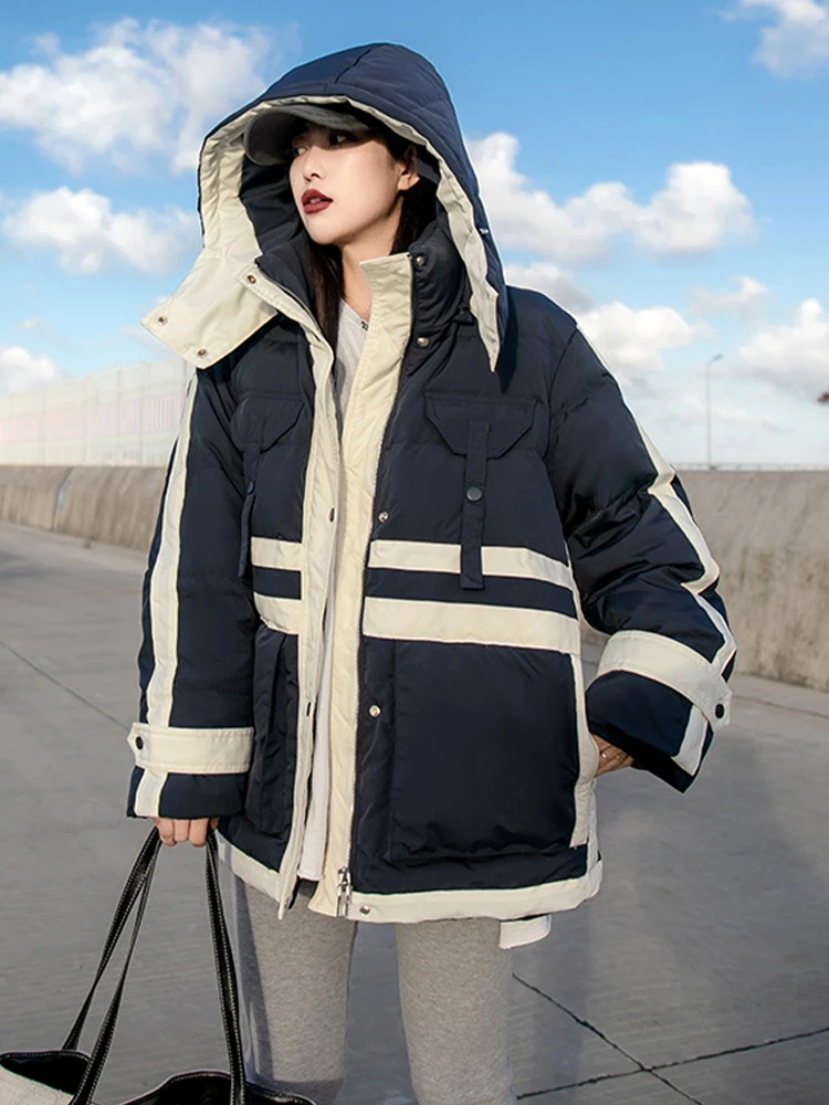 Max LuLu Classic Patchwork Hooded Winter Women Duck Down Jacket Fashion Vintage White Down Jacket Leisure Loose Warm Down Jacket