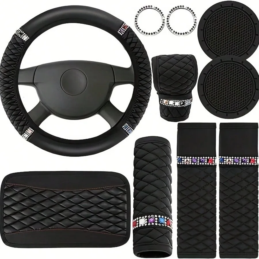 

10 Sparkling Car Additions Set for Women'S Christmas Full Crystal Steering Wheel Cover Universal 15.0inch Seat Belt Shoulder Pad Armrest Pad Cup Holder Suitable for Automotive Interior Additions (Black, Red)