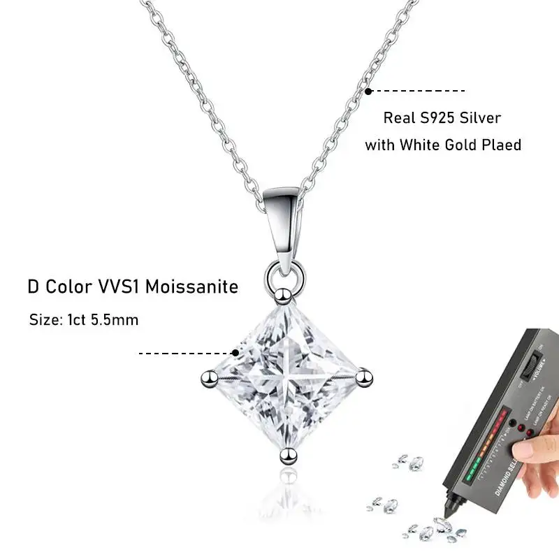 JoiasHome 1CT Princess Cut Moissanit-Halskette S925 Sterling Silber Funkelnder Anhänger für Frauen Luxus-Edelschmuck – Detail 3