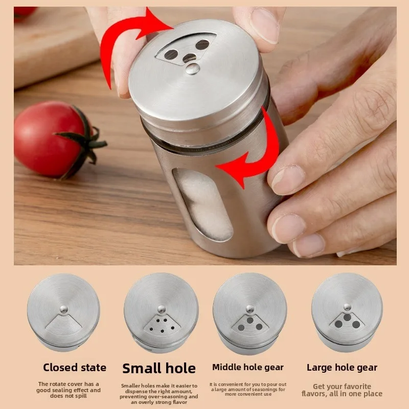 Stainless Steel Spice Shaker 4-Mode Adjustable Seasoning Jar Clear Window Salt Pepper Powder Dispenser for BBQ Kitchen Camping