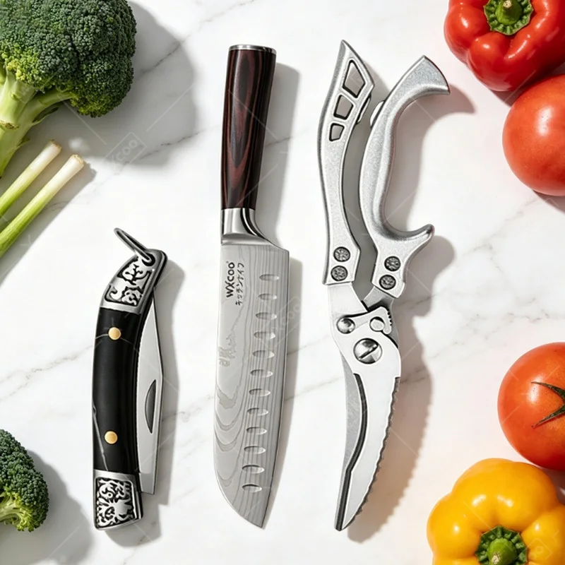 WXCOO 5CR15 Edelstahl-Messerset Japanische Santoku-Messer Rasiermesserscharfe Fischmesser Schere Professionell