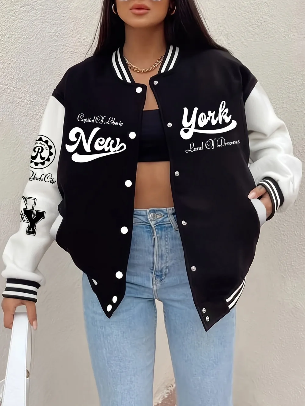 

New York City Never Give Up Printing Jackets Women Winter Fleece Warm Baseball Jersey Casual Pocket Coats Street Loose Clothes