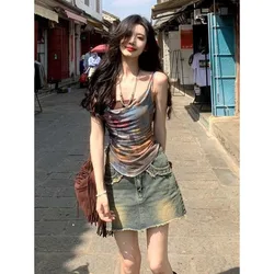 2000s Vintage Y2k Crop Top Women Casual Print Camisole Shirts Sexy Bodycon Slim Fit Outwear Fashion Chic Tank Top Vest Beach