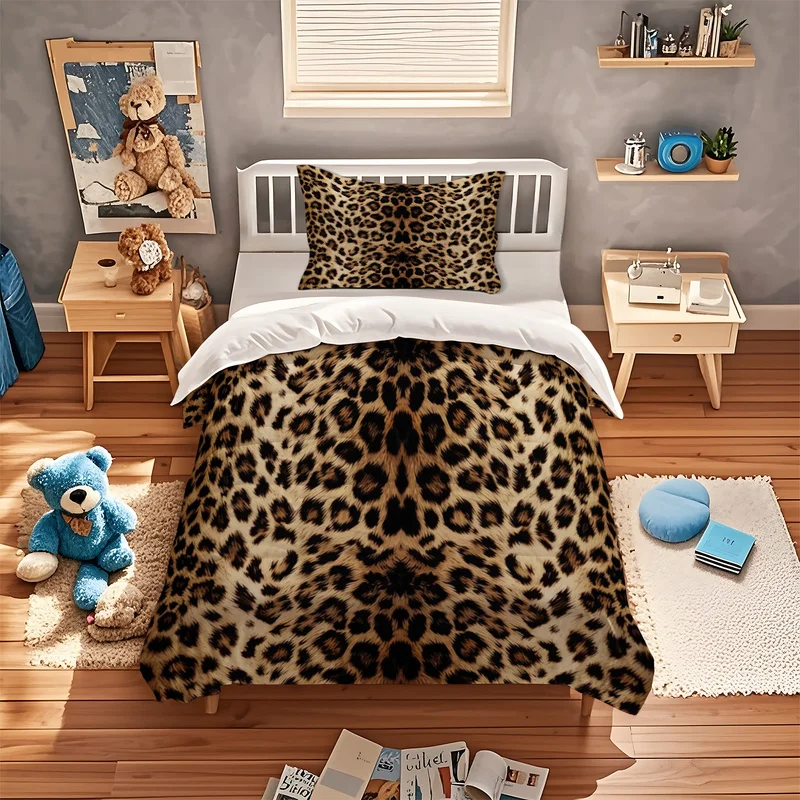 2/3Pcs Microfiber Duvet Cover Set (No Comforter & Pillow Inserts),Ultra-Soft,Breathable,Skin-Friendly,Classic Wild Leopard Print