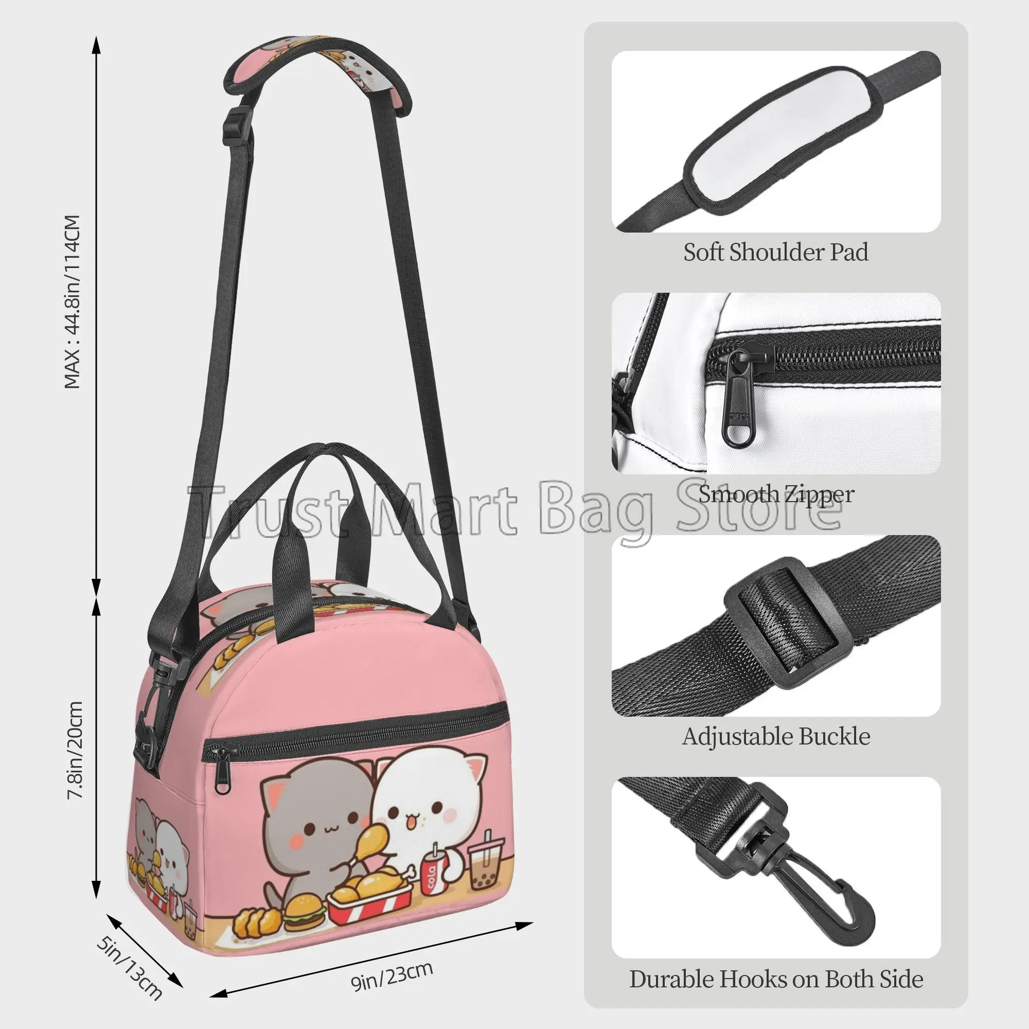 Mochi Cat Peach and Goma Insulated Lunch Bag Reusable Waterproof Bento Tote Cooler Bag Thermal Lunch Box with Adjustable Strap