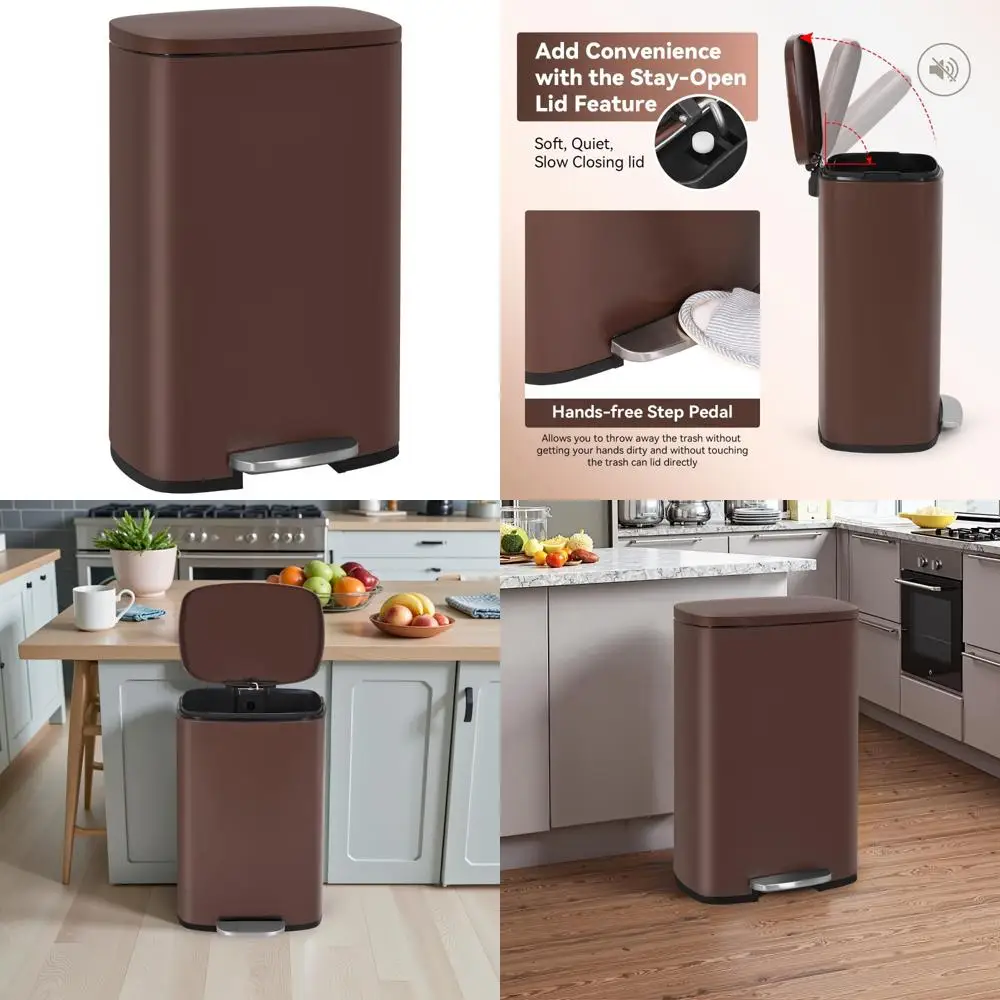 

Stainless Steel Trash Can with Removable Bucket and Soft Close Lid - Foot Pedal for Kitchen, Home, Office Garbage Cans