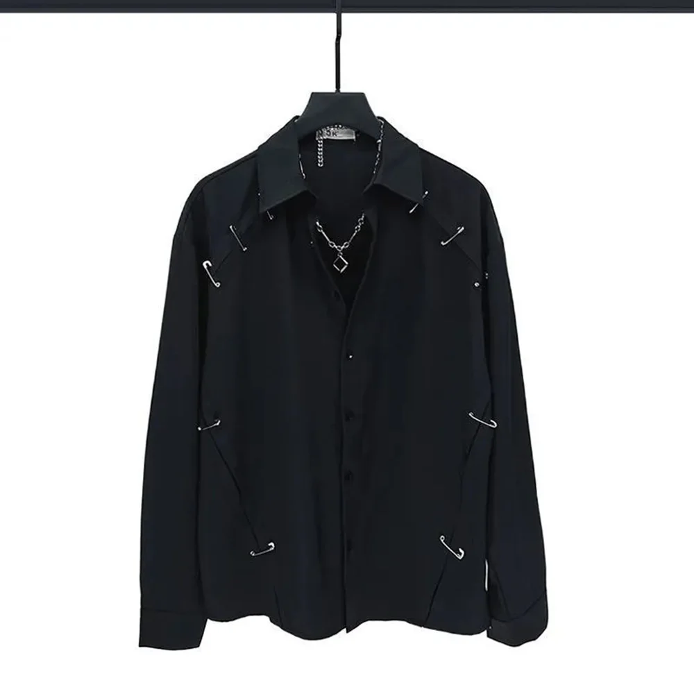 

Summer Thin Men's Metal Pin Solid Color Long-Sleeved Shirt Korean Style Niche Casual Fashion Trend High Street Hip-Hop Men Tops