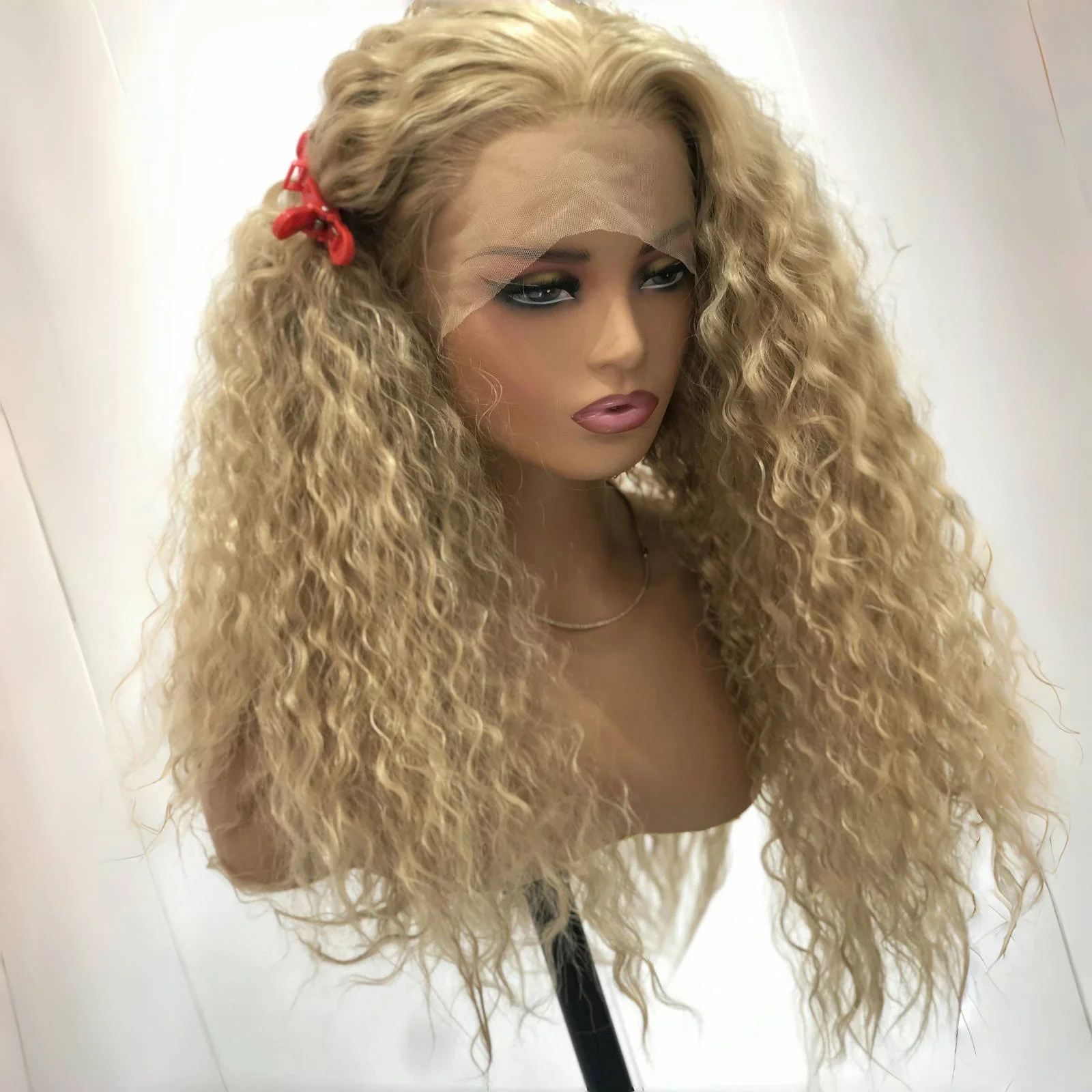 

180Density 613 Blonde Kinky Straight 26Inch Lace Front Wig For Black Women With Baby Hair Glueless Synthetic Preplucked Daily