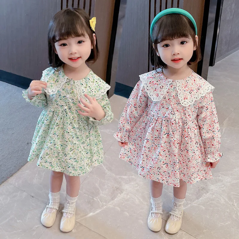 Girls Floral Dress Spring and Autumn Princess Foreign Style Long Sleeve Baby Girl Lace Skirt Korean Version Spring Thin