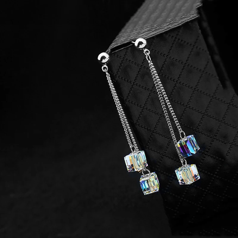 Cube Crystals Beads Drop Earrings Made with Austrian ELEMENTS For Women Silver Color Long Chain Hanging Piercing Jewelry