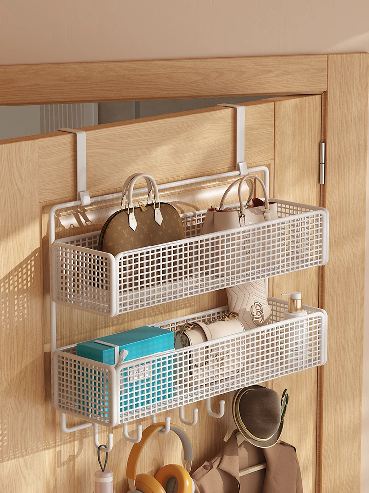 Strong Bearing Door Back Wall Mounted Clothes Hat Rack Multi-Functional Hanging Basket Bedroom Floor Standing Storage Shelf