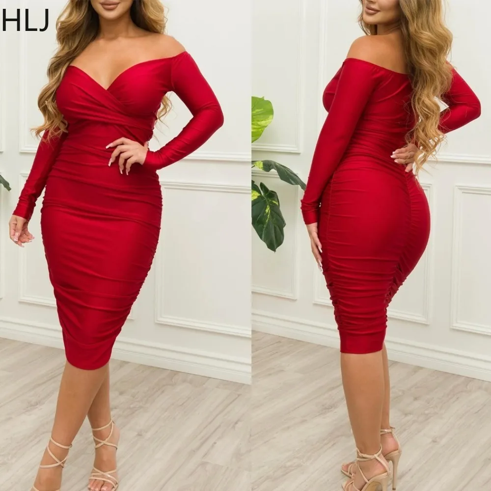 

HLJ Sexy Off Shoulder Ruched Bodycon Mid Dresses Women V Neck Long Sleeve Slim Party Club Vestidos Fashion Solid Color Clothing