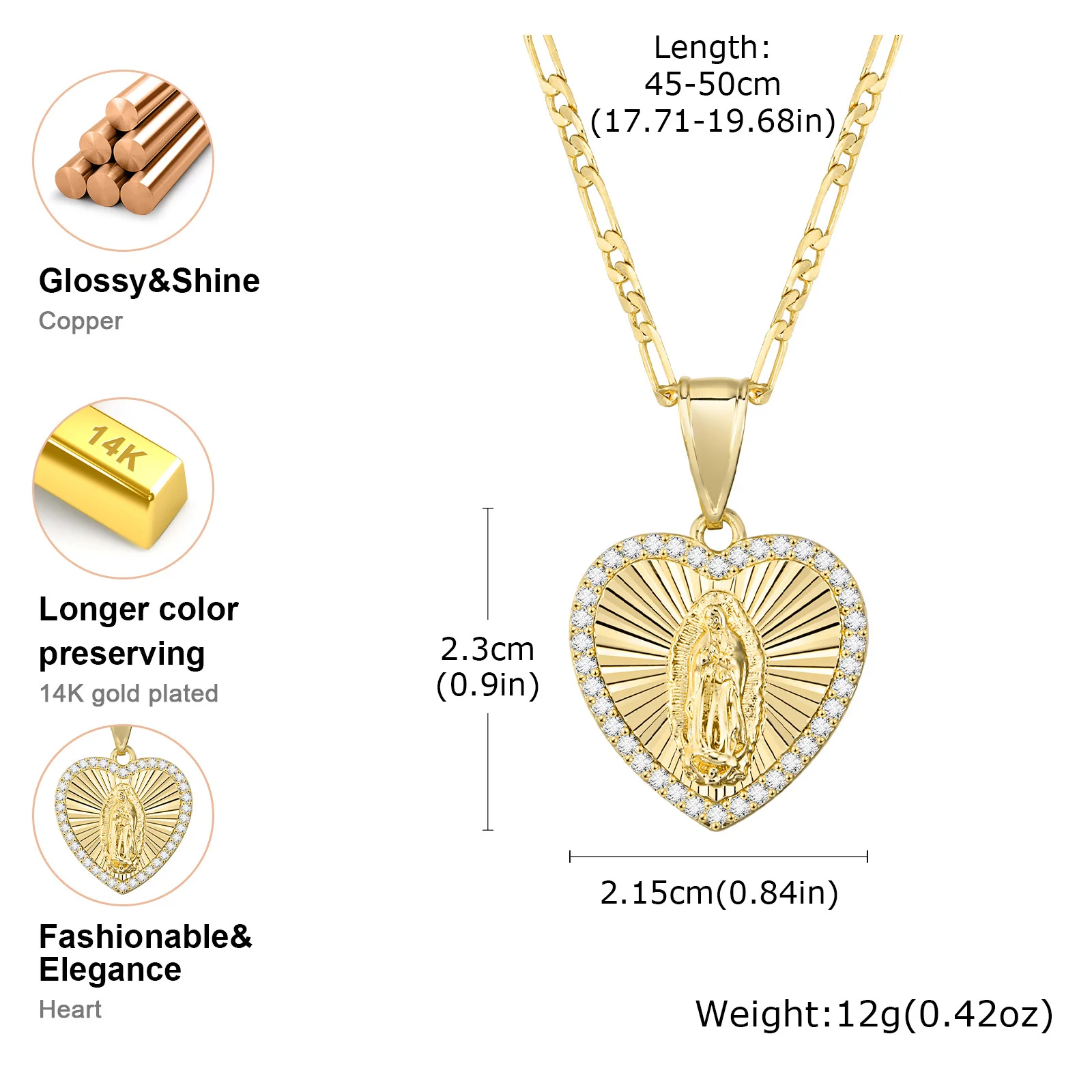 Vnox Heart Guadalupe Virgin Mary Necklace for Women,Cubic Zirconia Mother Mary Catholic Necklace Lady of Guadalupe Jewelry