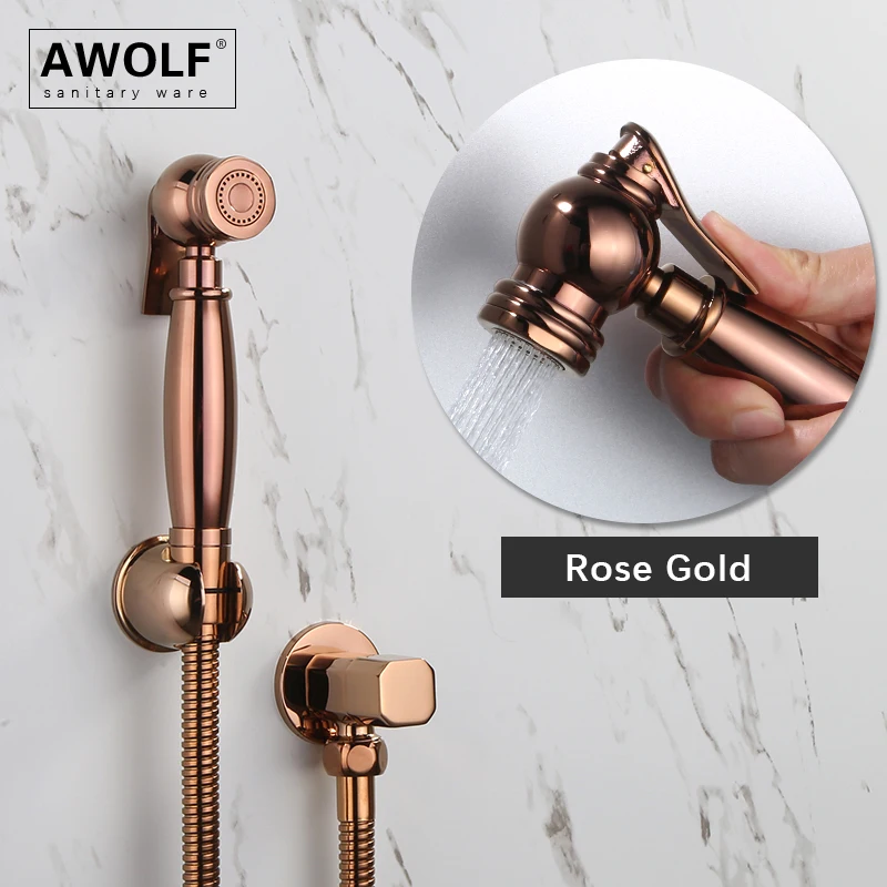 Awolf Rose Gold Handheld Toilet Shower Bidet Sprayer Solid Brass Hygienic Shower Head WC Shattaf Set Bidet Faucet AP2109