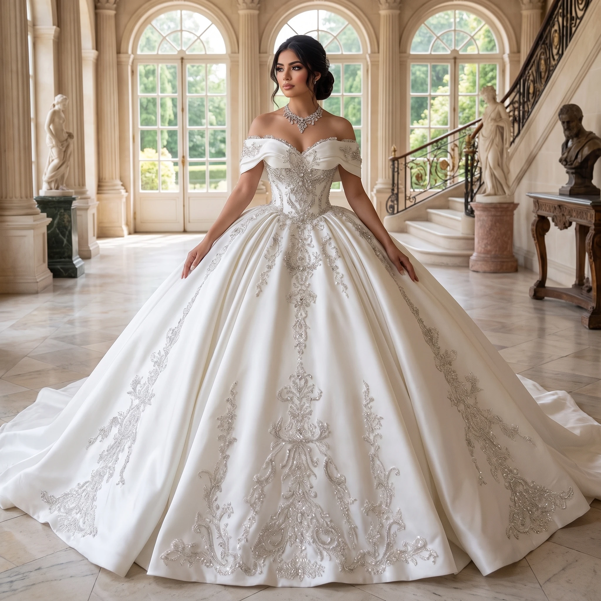 Exquisite Ivory Satin Ball Gown Customized Wedding Dress Off The Shoulder Sweetheart Crystal Embroidery vestidos de novia boda