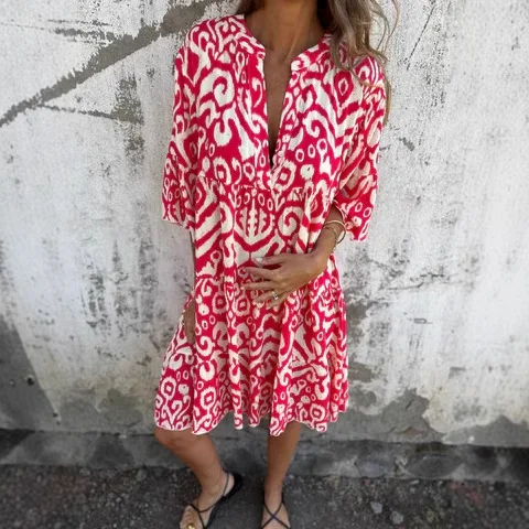 فضفاض عادية بوهو فستان مُزين بطباعة موضة الخامس الرقبة نصف كم مطوي ألف خط فساتين الربيع عطلة نمط الملابس النسائية