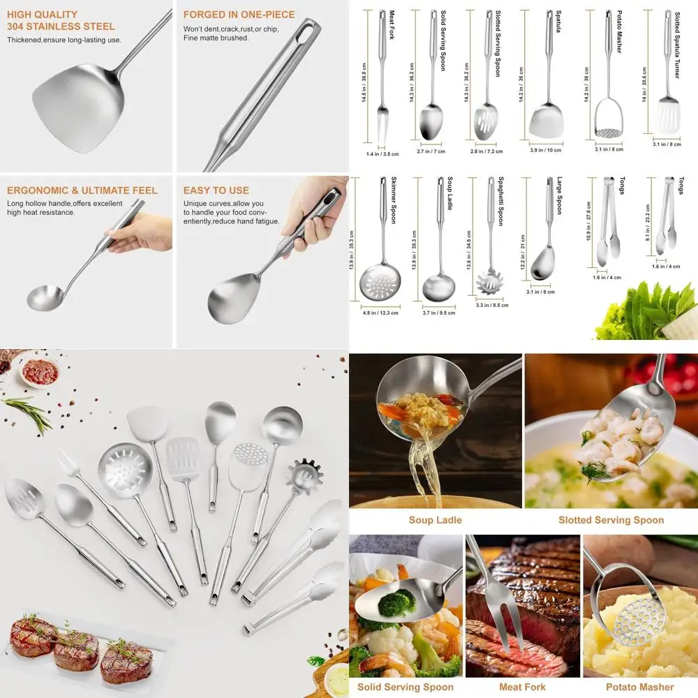 

Набор кухонной утвари из нержавеющей стали, 12 предметов, с давицей, ложкой, ковшом, токаром, сердечником, щипцами — можно мыть в посудомоечной машине
