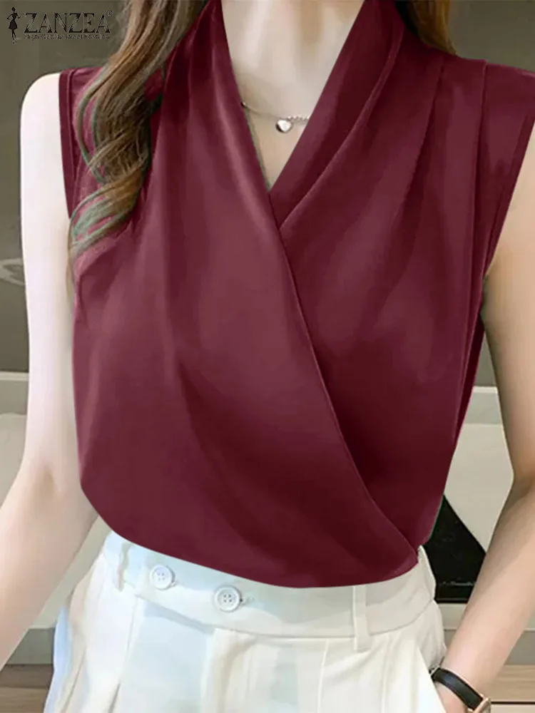 Elegant  V Neck Sleeveless Satin Blouse 2024 ZANZEA Summer Women Office Work Tops Female Casual Solid Pleated Shirt Blusas Mujer