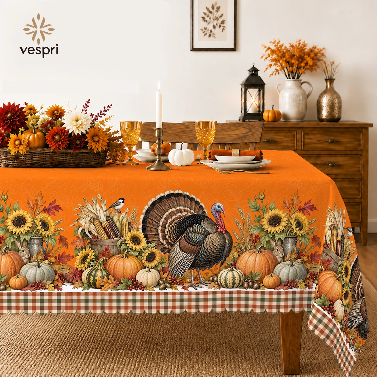 Harvest Tablecloth with Turkeys & Corn for Indoor/Outdoor Camping decor, Rectangular/Round/Oval