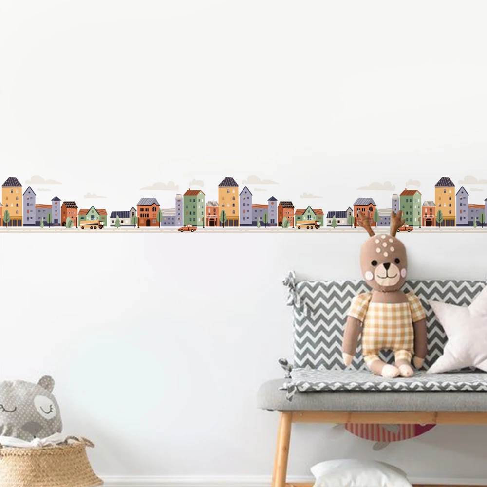 Nursery Wall Stckers Car Buildings Wall Border Children Wallpaper Baby\'s Room Girls Kids Boys Bedroom Home Decor Waterproof