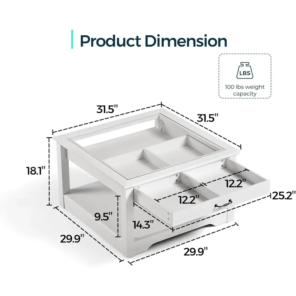 Square Coffee Table with Glass Tabletop, Open Display Area and Storage Drawer, Modern Farmhouse Center Table for Living Room