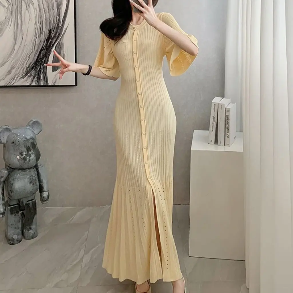 Women's Slim Knitted Long Skirt Color-Block High-End Fashion Summer Temperament Ice Silk Dress with Short-Sleeves